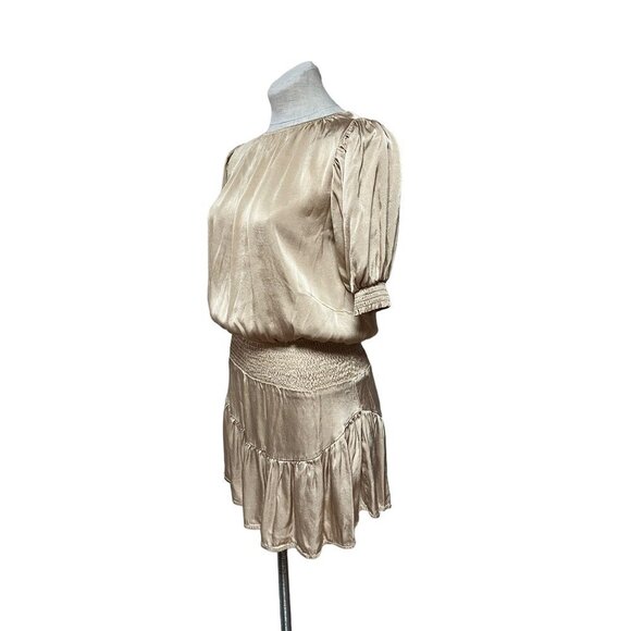 Muche Muchette Champagne Satin Mini Dress Puff Sleeve Ruffles One Size - Picture 4 of 9
